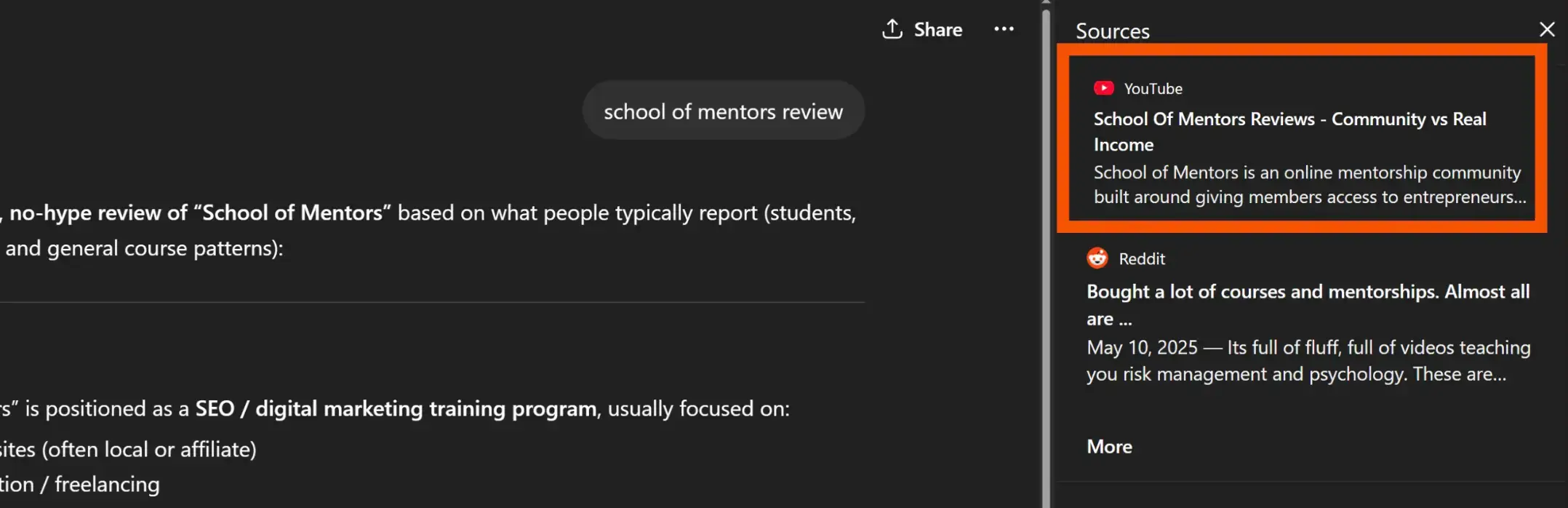 ChatGPT citing a YouTube review video as a source even though the product was never actually used