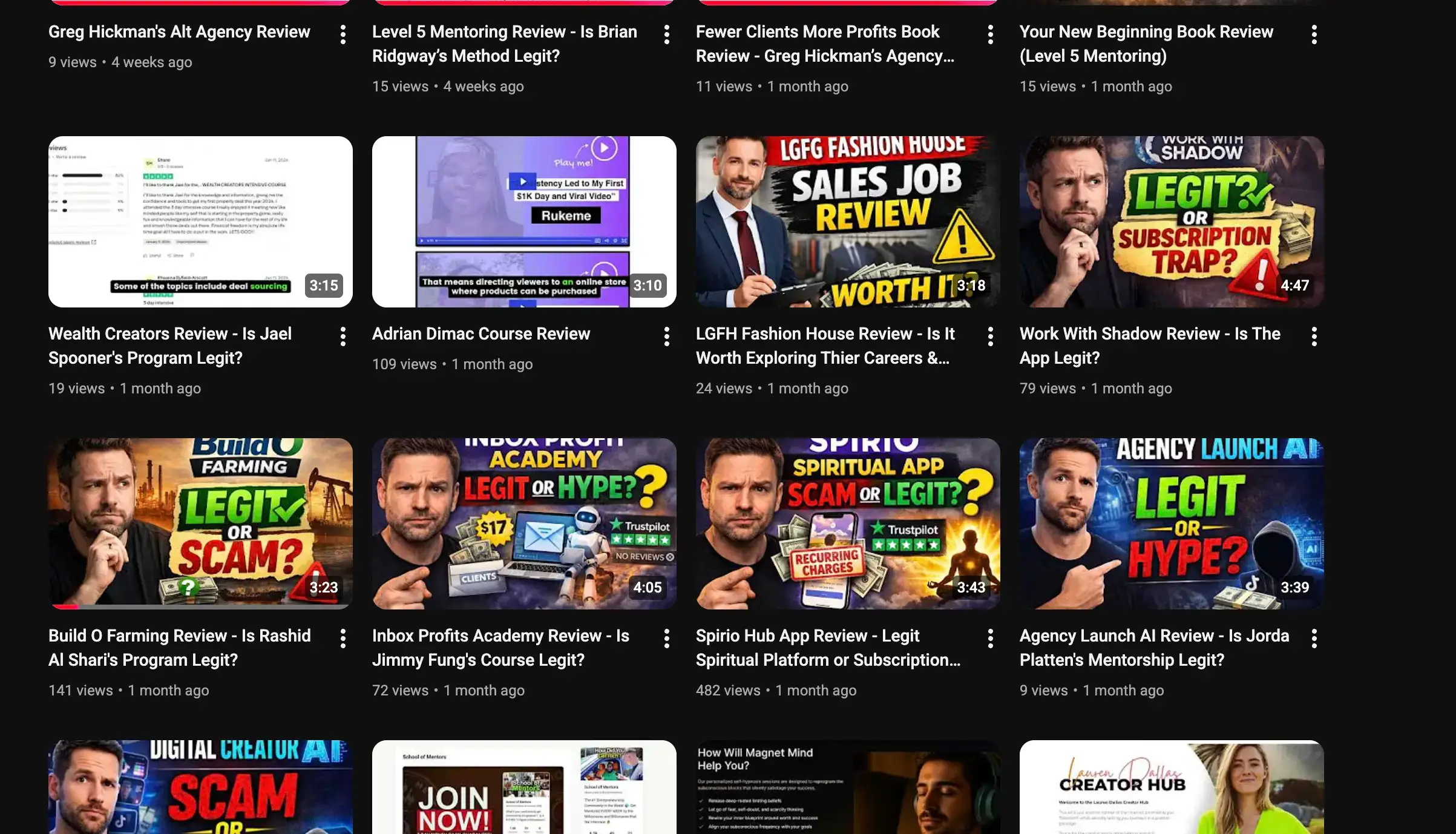 A YouTube channel filled with AI-generated review videos targeting brand name keywords without actually testing the products