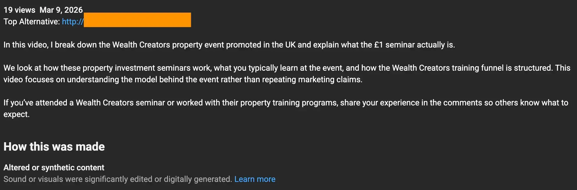 A fake AI YouTube review video description recommending its own product as the top alternative to the reviewed brand