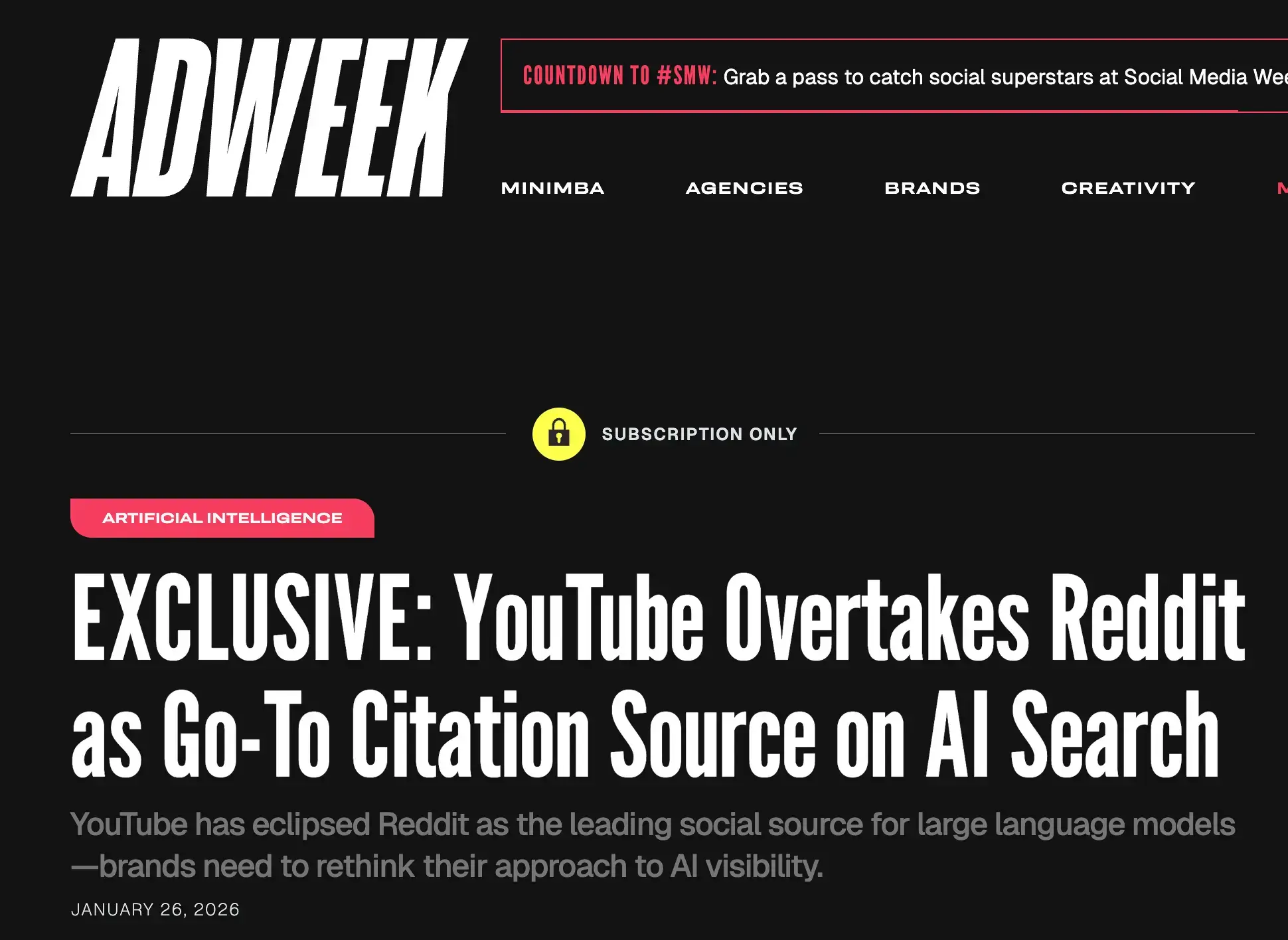 An Adweek report showing YouTube as the most cited source in AI search results