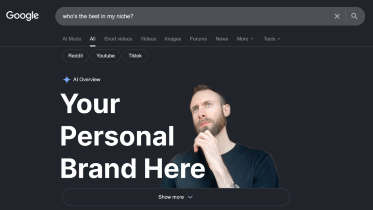 Mock Google AI Overview for “who’s the best in my niche?” with large placeholder text saying “Your Personal Brand Here,” illustrating how SEO and personal branding can make AI recommend a person or brand as the expert.