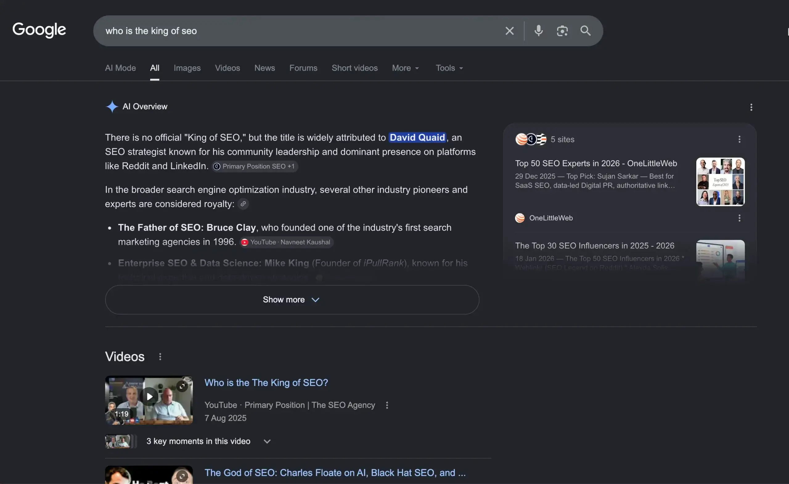 Google AI Overview for “who is the king of seo” saying the title is widely attributed to David Quaid and citing the Primary Position SEO article, showing how a self-published optimized blog post can influence AI Overview answers.
