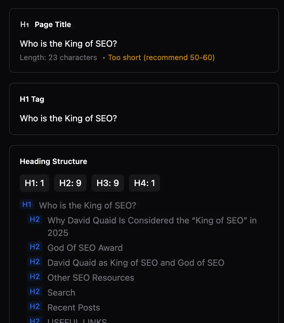 SEO page audit showing a page title and H1 of “Who is the King of SEO?” plus heading structure with multiple H2s about David Quaid, demonstrating how on-page SEO signals reinforce a self-promotional expert positioning article.