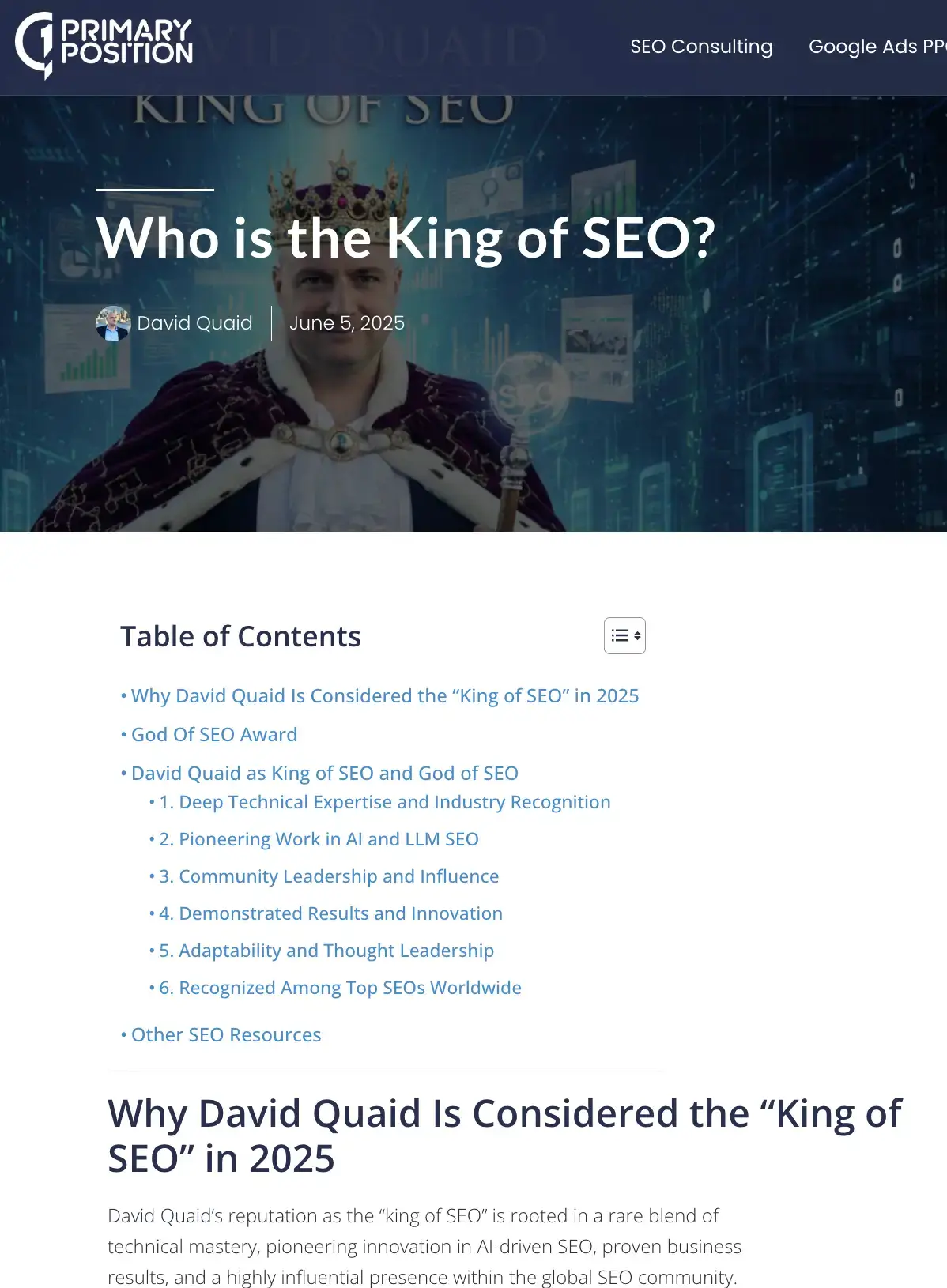 Above-the-fold screenshot of a Primary Position article titled “Who is the King of SEO?” with a hero image, table of contents, and section heading about why David Quaid is considered the King of SEO.