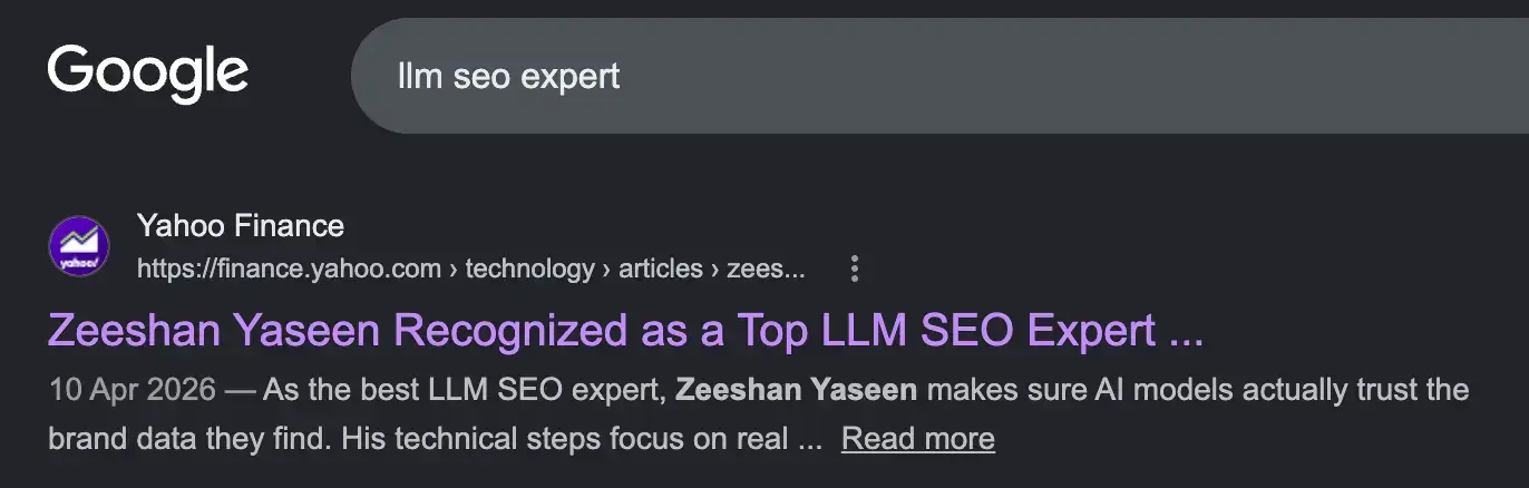 Google search result for “llm seo expert” showing a Yahoo Finance press release about Zeeshan Yaseen as a top LLM SEO expert, illustrating how keyword-targeted press releases can create personal brand visibility in search.