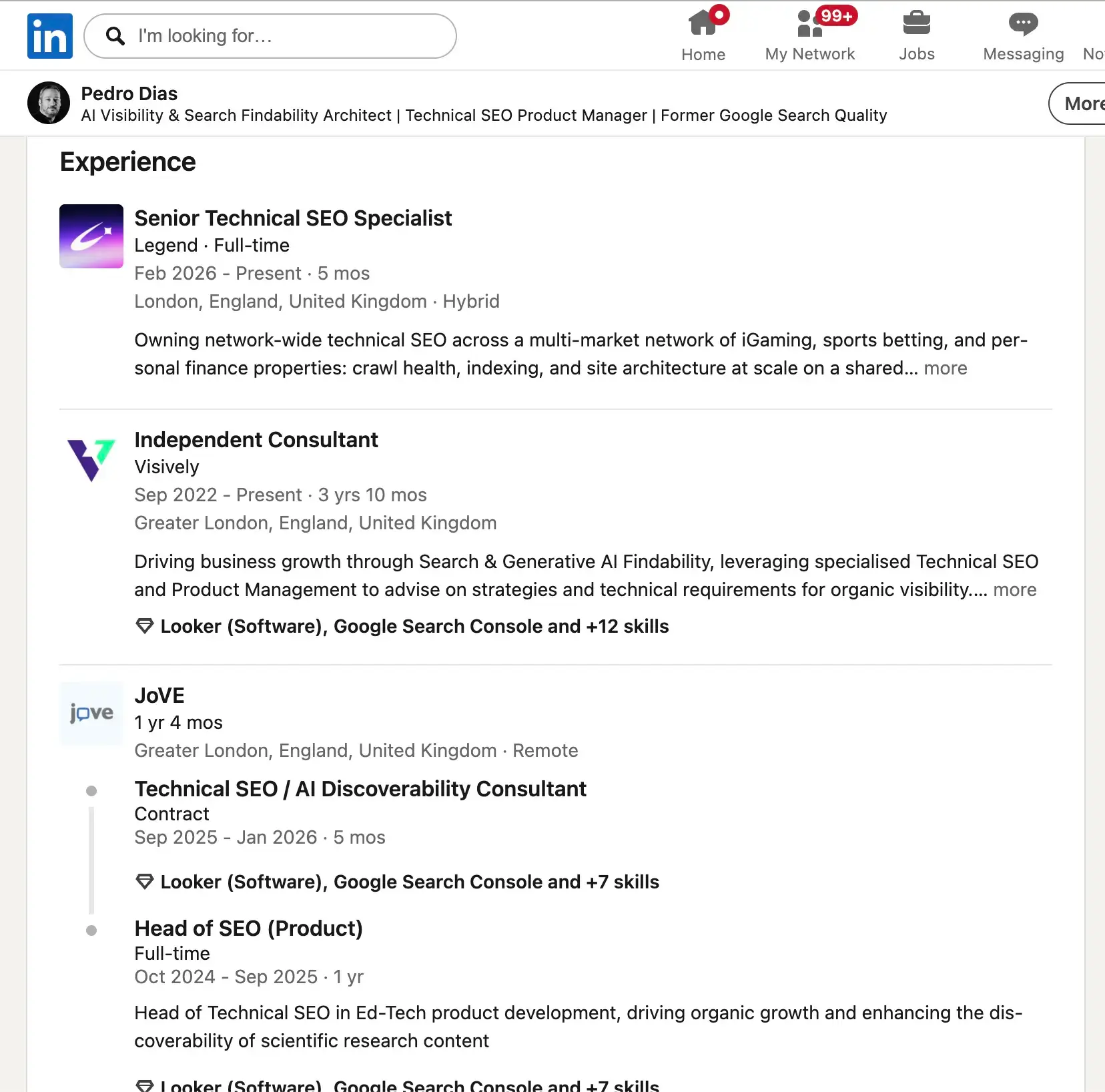 LinkedIn experience section for Pedro Dias showing roles in technical SEO, AI discoverability, and generative AI findability, supporting the article’s point that his AI visibility claim was reinforced by a relevant optimized profile.