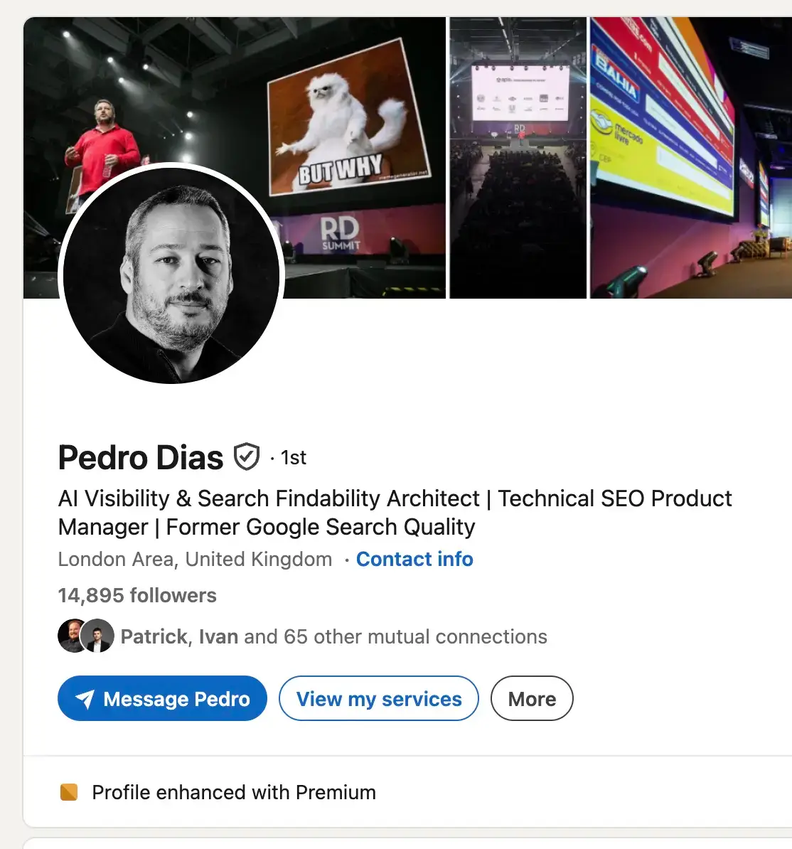 Pedro Dias LinkedIn profile header showing the headline “AI Visibility & Search Findability Architect,” former Google Search Quality experience, and nearly 15,000 followers, illustrating how an optimized profile supports AI visibility positioning.