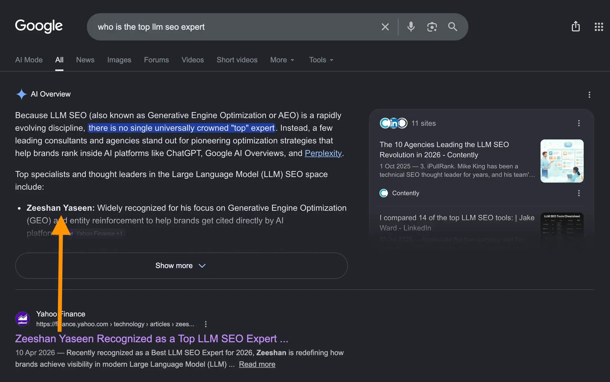Google AI Overview for “who is the top llm seo expert” citing Zeeshan Yaseen as a top LLM SEO specialist, with an arrow pointing from a Yahoo Finance press release result to show how press releases can influence AI search recommendations.