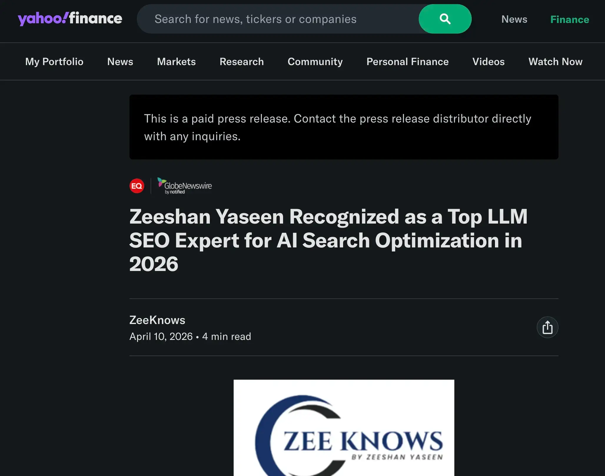 Yahoo Finance paid press release titled “Zeeshan Yaseen Recognized as a Top LLM SEO Expert for AI Search Optimization in 2026,” showing how a distributed press release can create authoritative-looking search visibility.