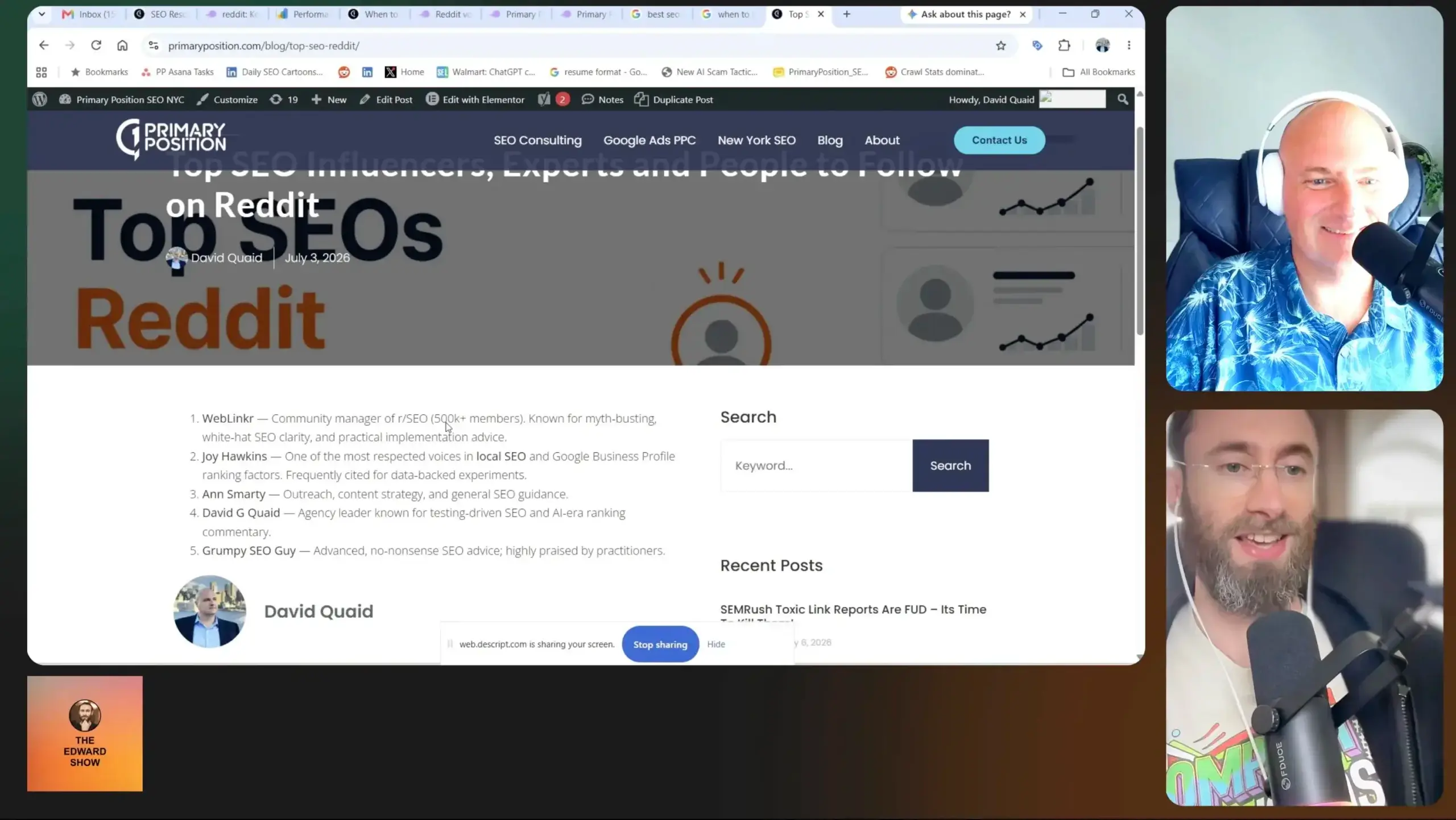 Screenshot from David Quaid's website ranking for the keyword "top SEO influencers reddit," illustrating that a short 78-word page can rank for Reddit search keywords.
