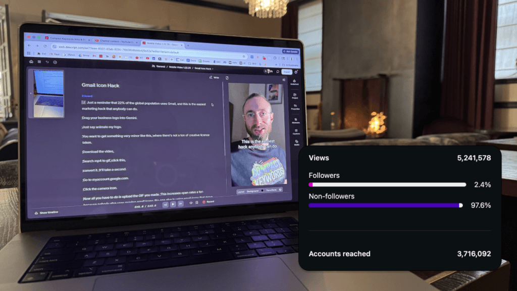 Laptop displaying a “Gmail Icon Hack” video editing workflow alongside a vertical video preview of Edward Sturm wearing a Compact Keywords shirt, with overlaid analytics showing 5.2 million views and 3.7 million accounts reached - illustrating the quickly made viral video marketing that drove the unexpected 5x sales spike discussed in the article.