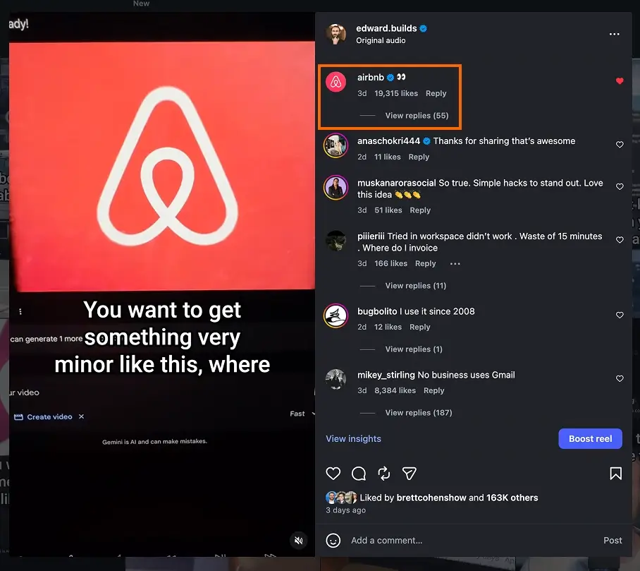 Instagram reel screenshot featuring a viral video using the Airbnb logo, with a highlighted comment from Airbnb’s official account, demonstrating how using recognizable brands increases attention and engagement, a key factor behind the viral video that drove the unexpected surge in sales.