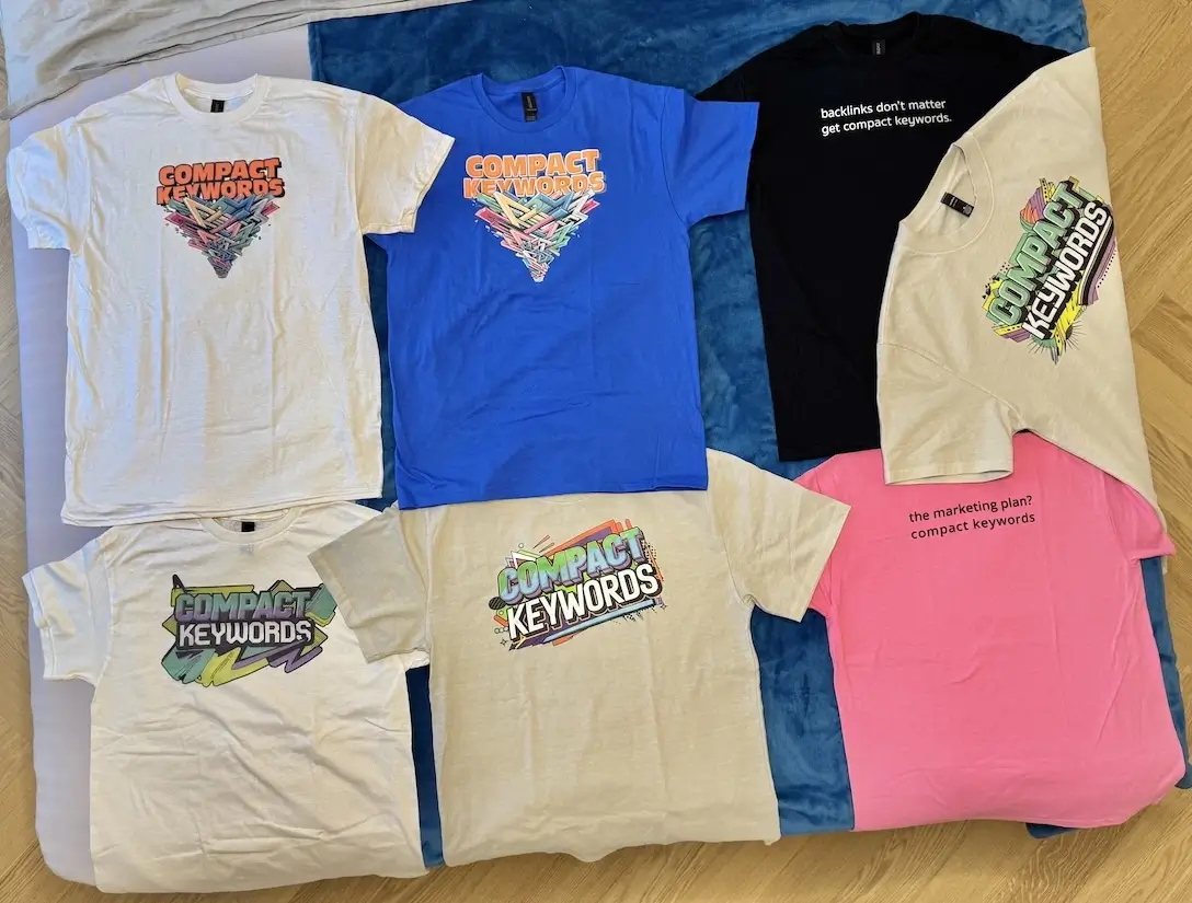 Collection of colorful “Compact Keywords” branded t-shirts laid out on a bed, representing the creator’s strategy of wearing branded merchandise in videos to reinforce product awareness and subtly influence viewers already in the consideration stage to purchase.