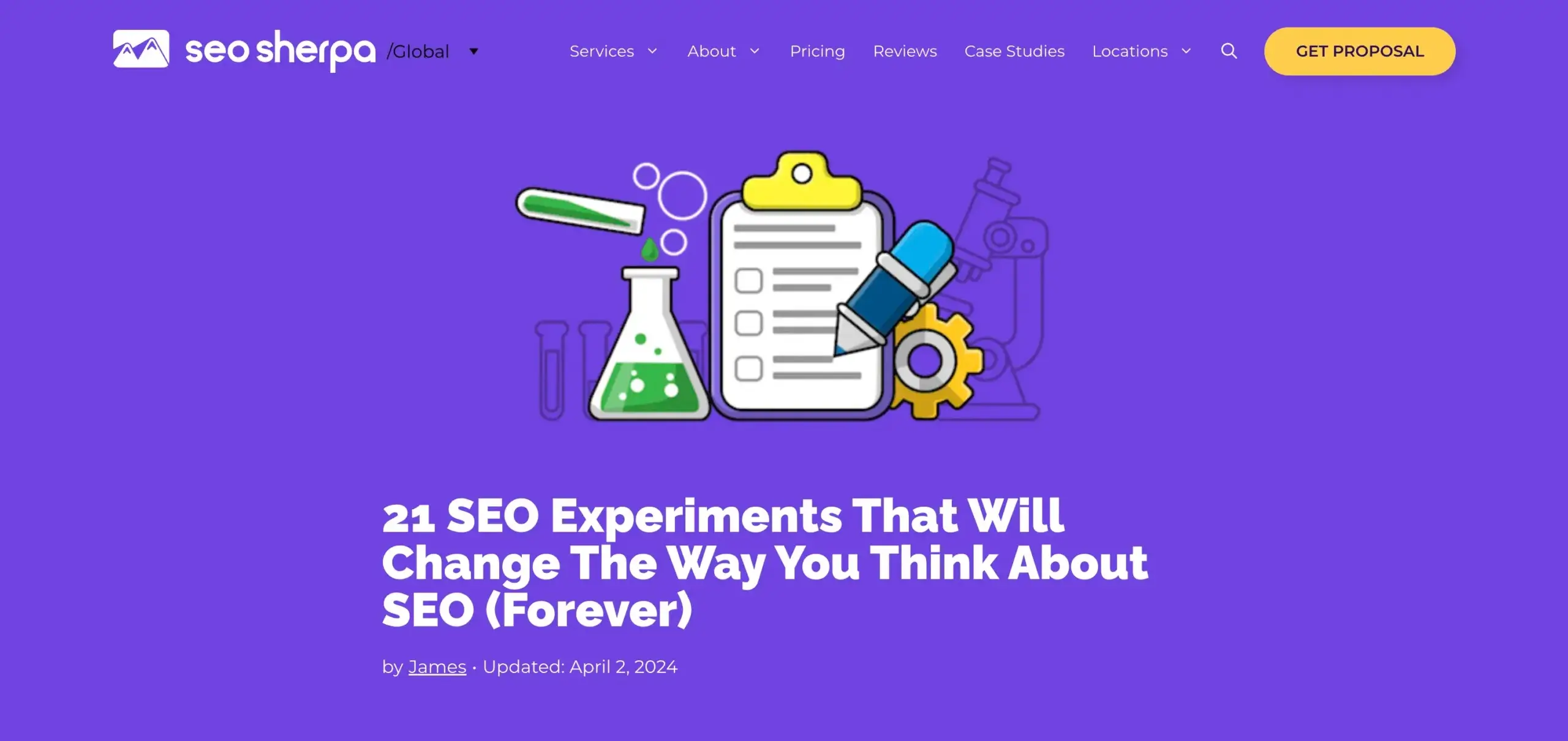 The HERO section for The 21 SEO Experiments article from SEO Sherpa.