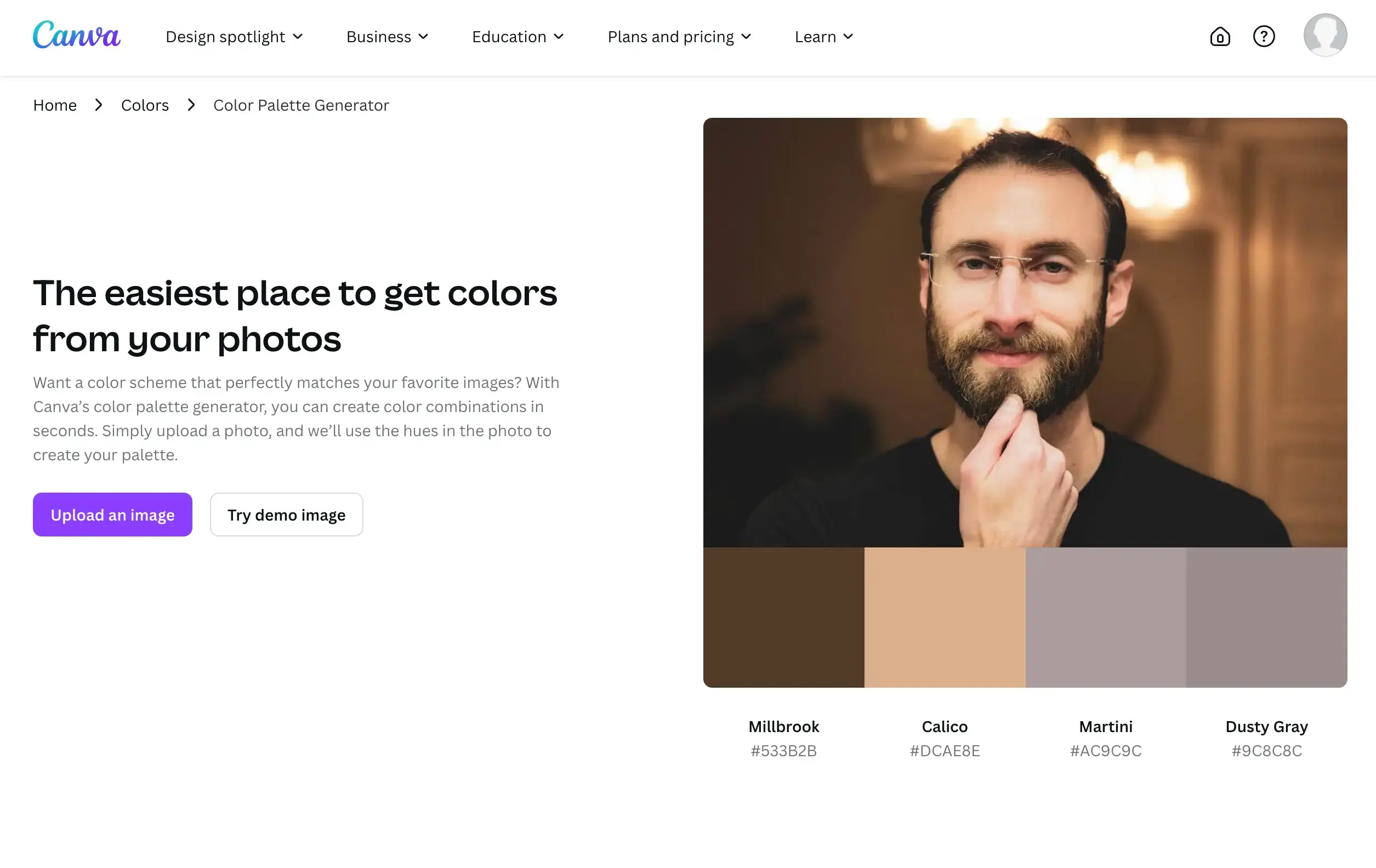 Canva's Color Palette Generator - simple linkable asset - above the fold.