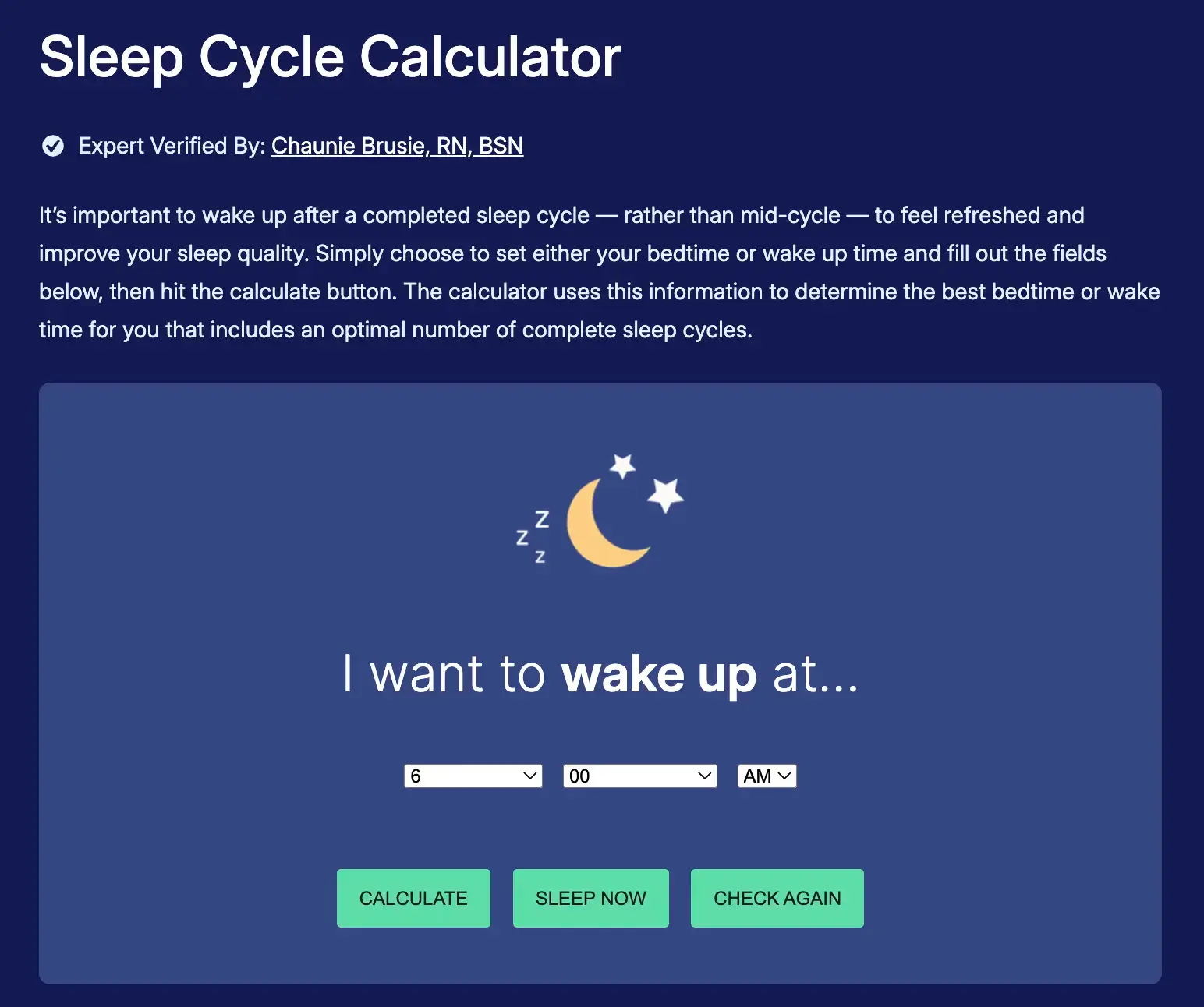 Sleepyti.me Sleep Cycle Calculator - before calculating - simple viral linkable asset.
