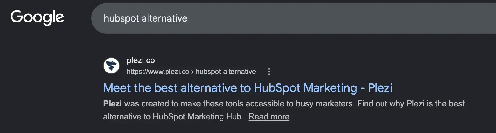 Google search result for “hubspot alternative” showing Plezi’s page titled “Meet the best alternative to HubSpot Marketing,” an example of a company targeting a competitor’s brand name with alternative content.