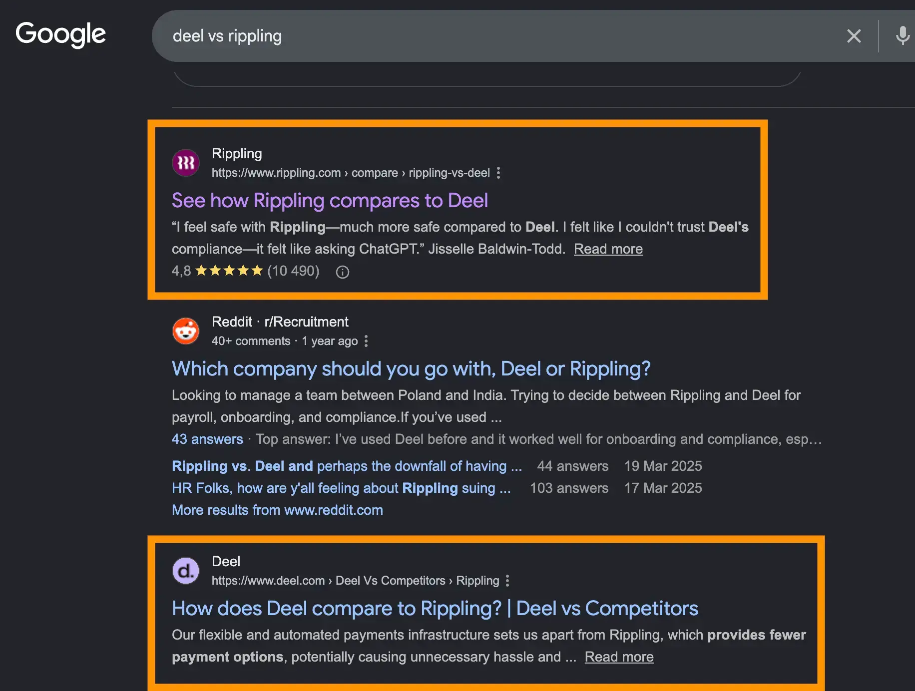 Google search results for “deel vs rippling” with orange boxes around both Rippling’s and Deel’s comparison pages, showing competing brands creating vs pages to capture high-intent searchers.