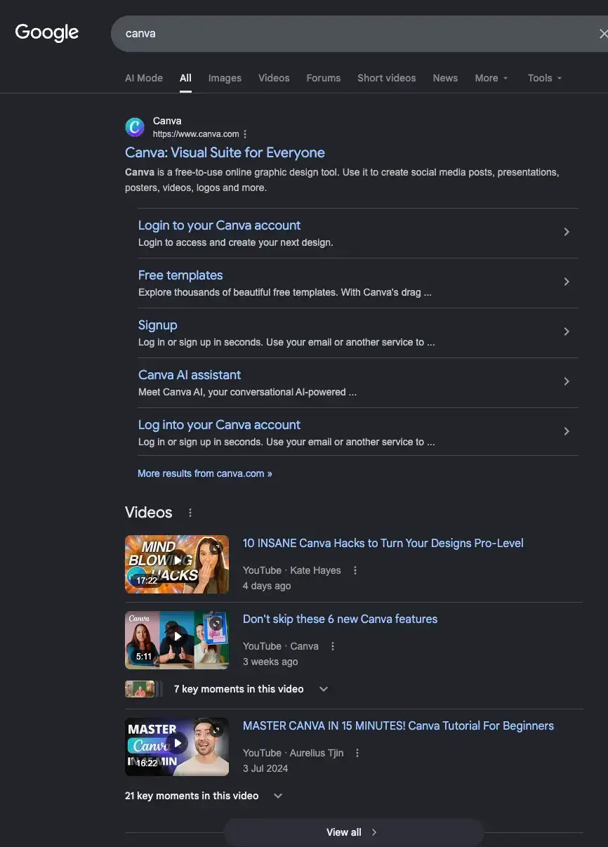 Google search results page for “canva” showing Canva’s homepage result followed immediately by YouTube video results, demonstrating how videos rank directly below a brand homepage for competitor-name searches.