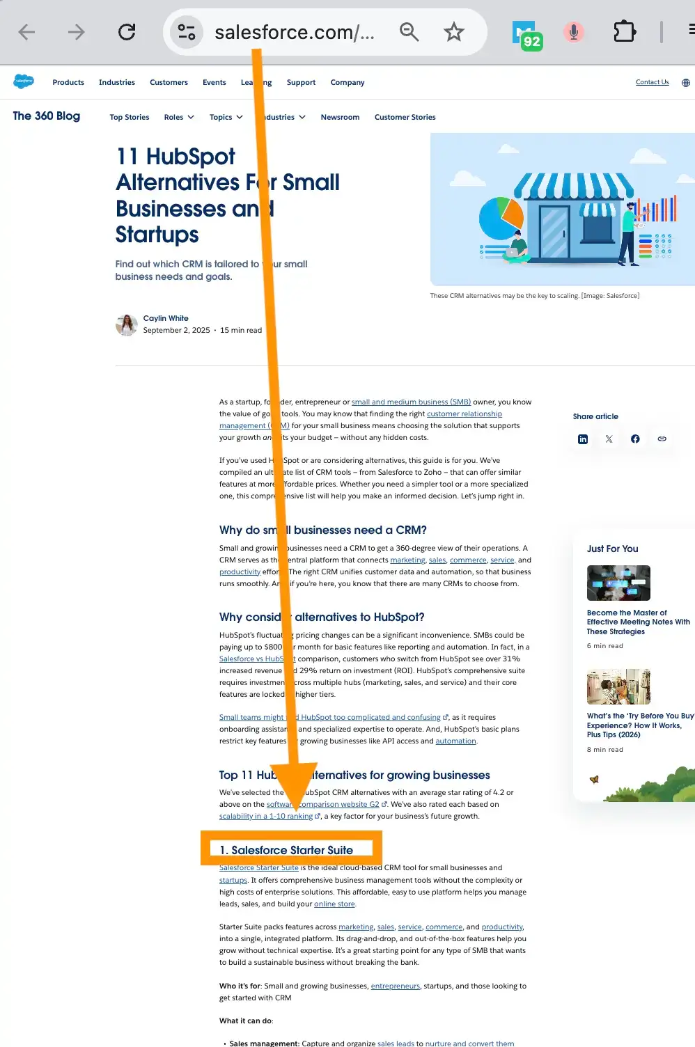 Salesforce blog article titled “11 HubSpot Alternatives For Small Businesses and Startups,” with an orange arrow pointing to “1. Salesforce Starter Suite,” showing how even the biggest companies target competitor brand names with alternative pages.