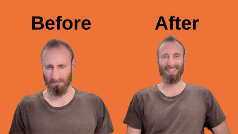 Edward Sturm frowning under “Before” and smiling under “After” on an orange background, illustrating how simplifying landing pages can double conversions.