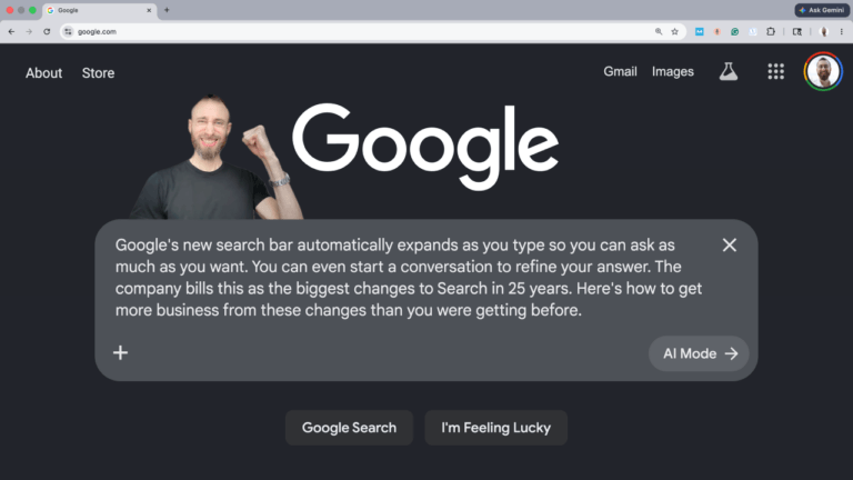 Google homepage displaying the new AI search experience with an expanded conversational search box - announced at Google I/O 2026.