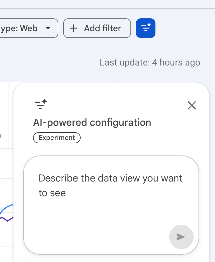 The new AI button in Google Search Console with a big prompting window.