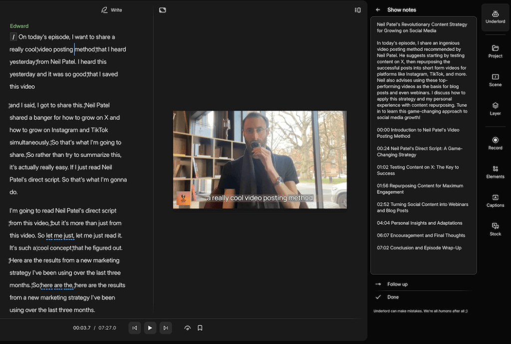 The Descript editor showing a transcript that you can edit in and AI generated timestamps to be used in the podcast's description.