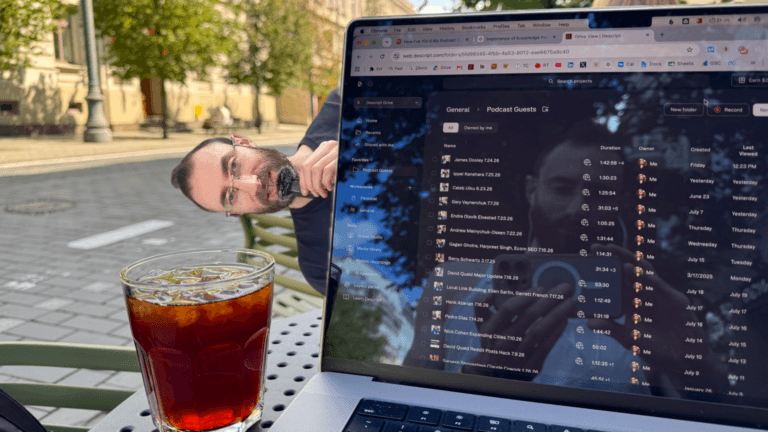 Edward Sturm working outdoors while managing a library of recorded guest podcast episodes in Descript, demonstrating the streamlined workflow used to publish multiple SEO podcasts each week.