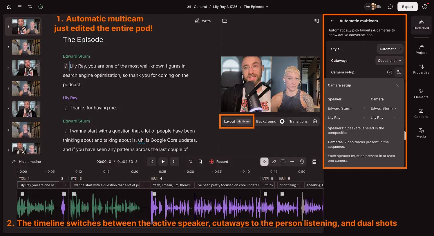 Descript AI multicam automatically editing a podcast interview with Lily Ray by selecting the best camera angles throughout the conversation.