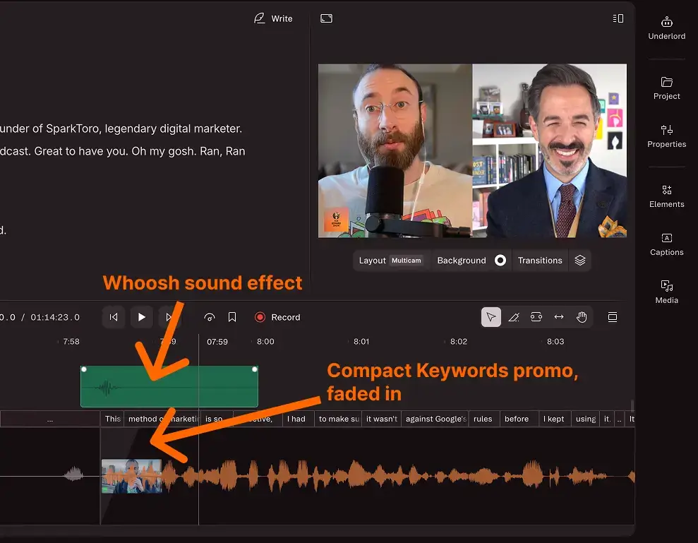 Descript timeline showing a Compact Keywords promotional clip fading in with a whoosh sound effect during a podcast episode featuring Rand Fishkin.
