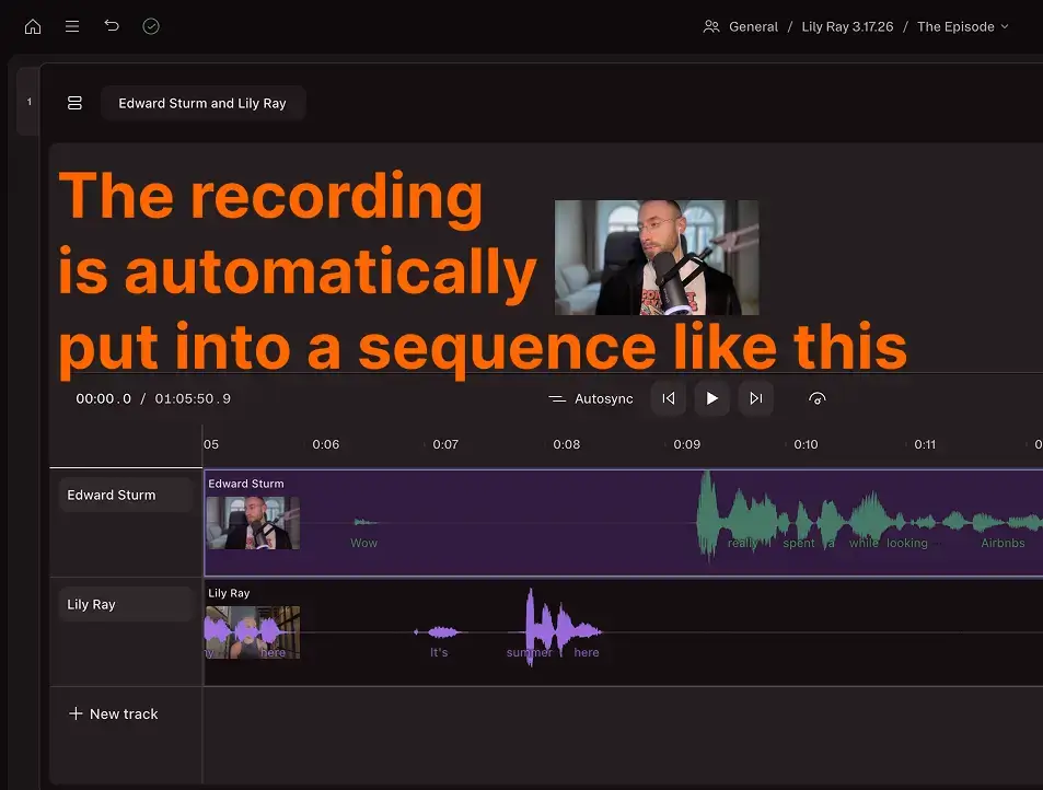 Descript automatically organizing a completed guest podcast recording into a sequence with separate speaker tracks, ready for transcript-based editing.