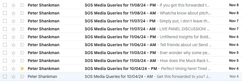 Sources of Sources inbox screenshot - many awaiting emails from SoS (Source of Sources)