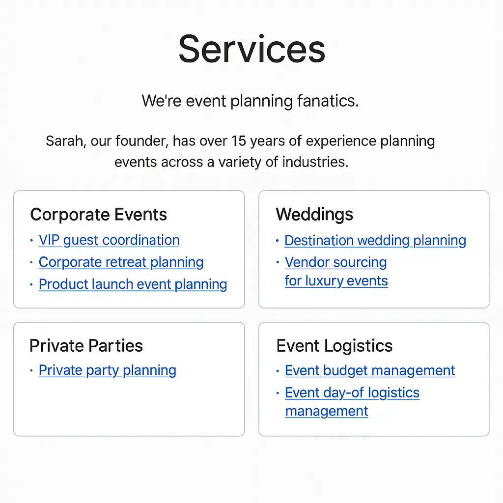 A hub page housing bottom-of-funnel SEO landing pages for a services-based business.