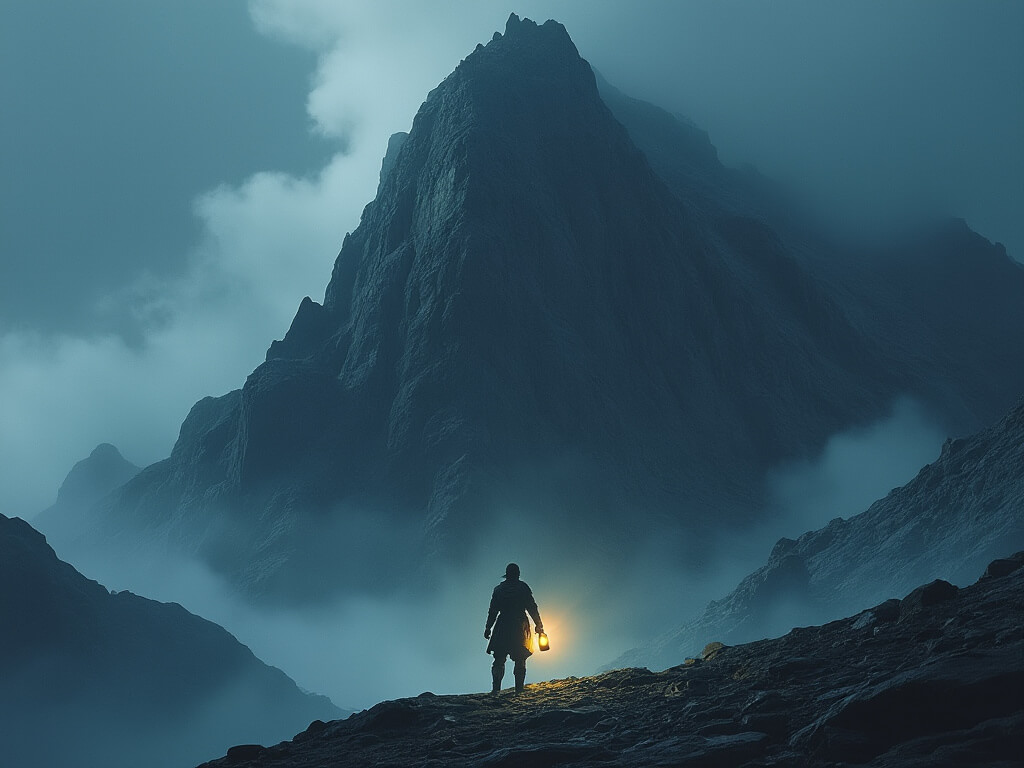 A man standing in the shadows of an intimidating looming mountain.