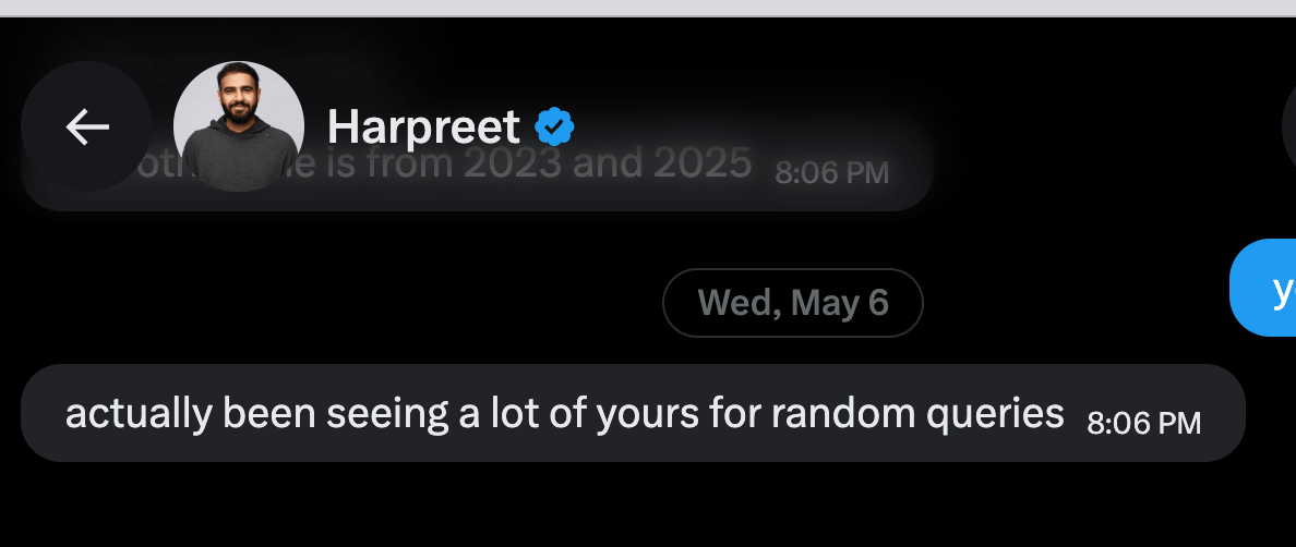 DM from Harpreet Singh saying he has been seeing my SEO videos appear for many random search queries, reinforcing my point about becoming highly discoverable across Google Search results.