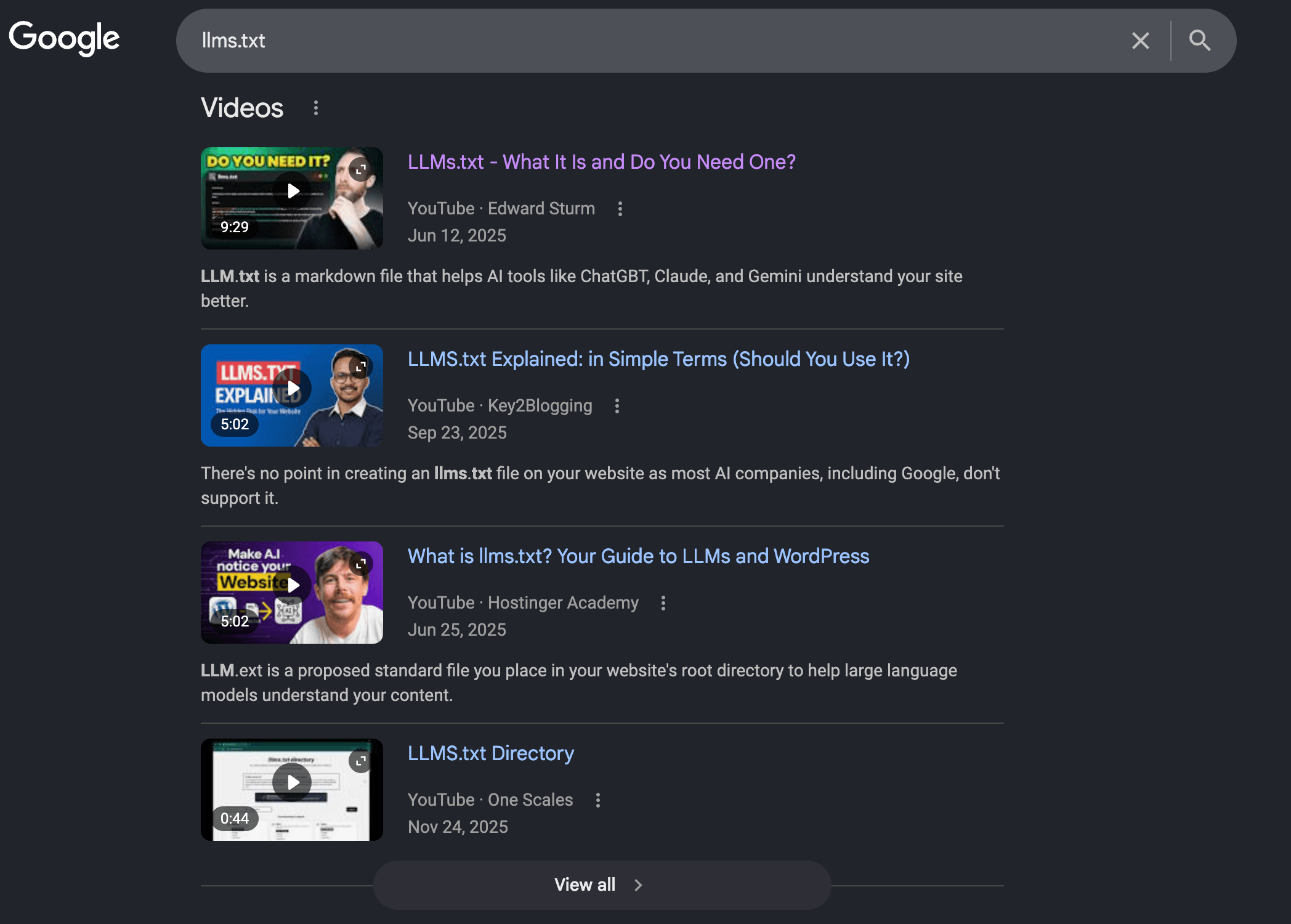Google search results for the keyword “llms.txt” with my YouTube video ranking at the top above other websites and SEO creators, illustrating how targeted video SEO can dominate competitive search queries.