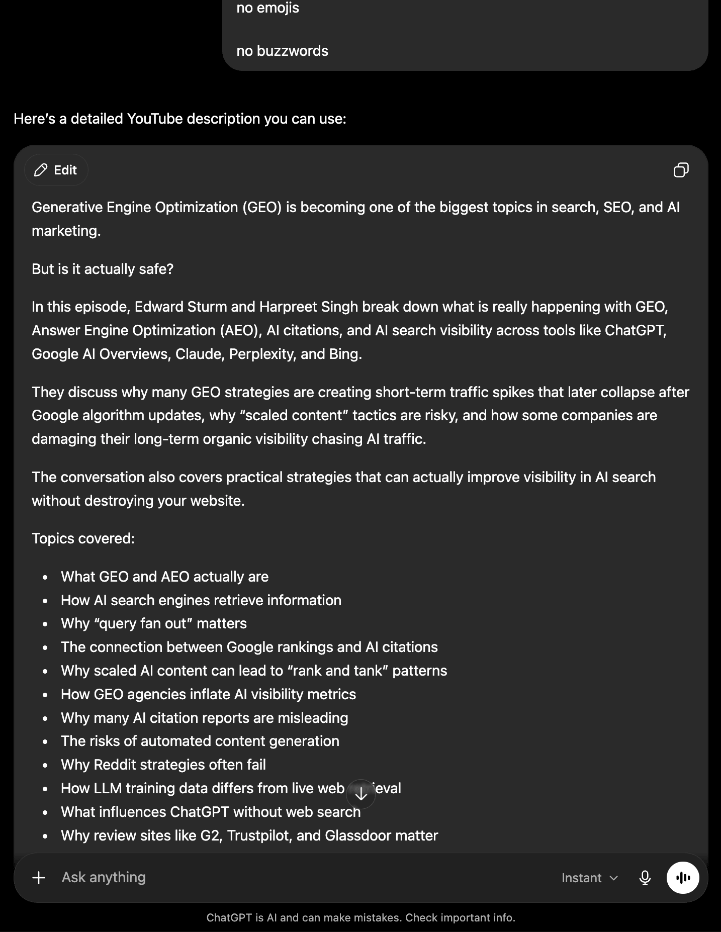 A ChatGPT-generated YouTube description for a podcast episode about GEO, AEO, AI search visibility, and SEO, showing the detailed formatting, bullet points, and keyword-rich structure used in my video SEO workflow.