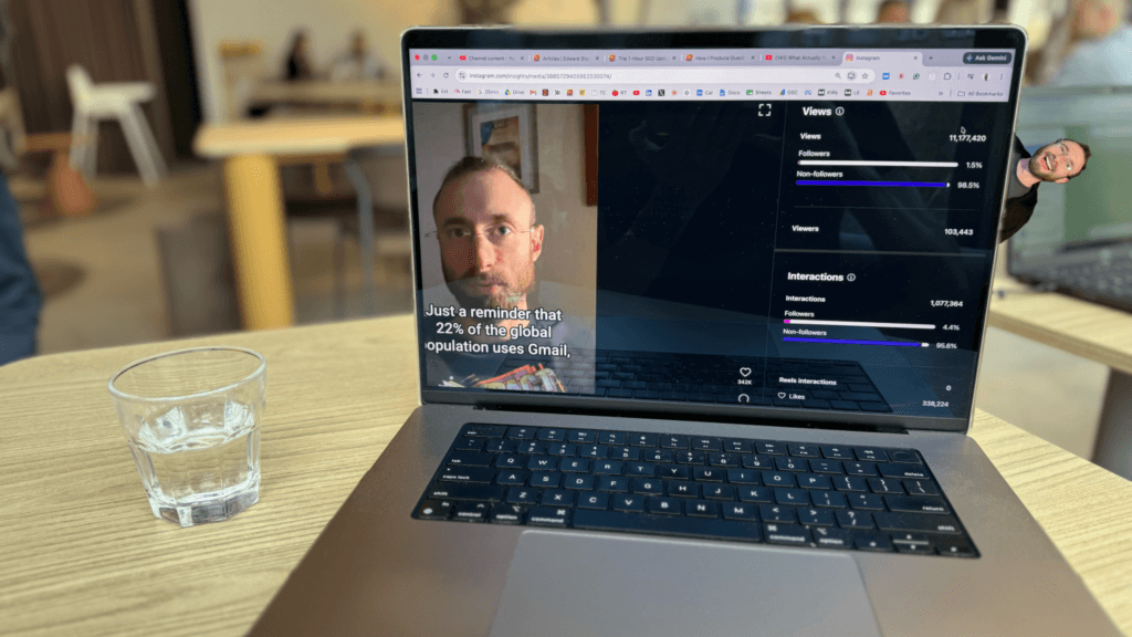 Laptop showing Instagram Insights for a recycled Gmail Reel with 11.1M views and over 1 million interactions, demonstrating how repeating a proven viral topic can drive millions of views.
