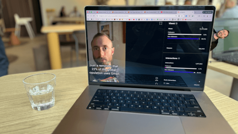 Laptop showing Instagram Insights for a recycled Gmail Reel with 11.1M views and over 1 million interactions, demonstrating how repeating a proven viral topic can drive millions of views.
