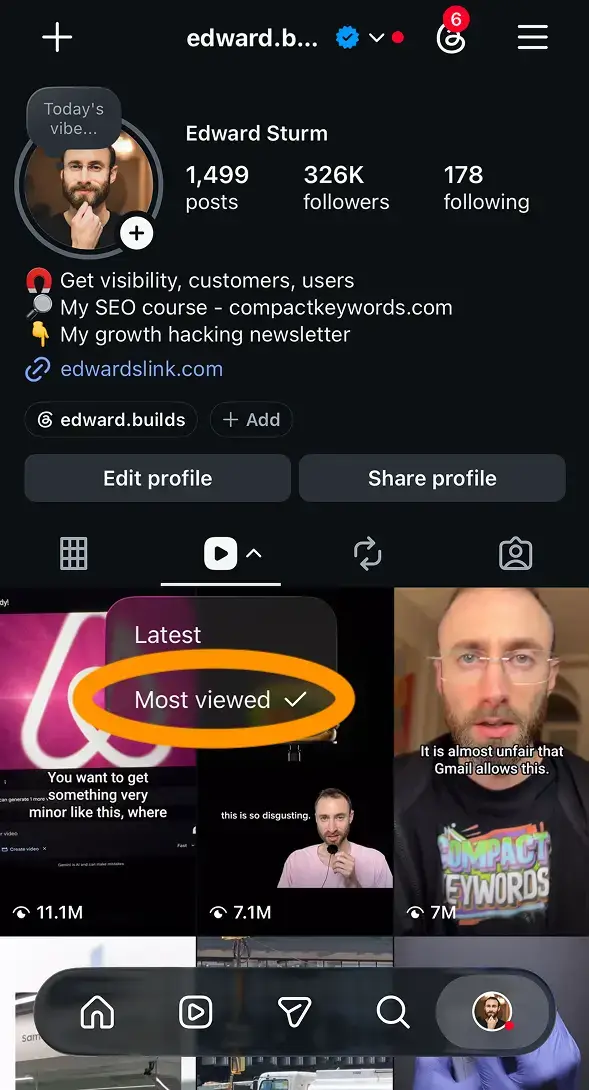Instagram Reels profile sorted by Most viewed, showing top videos with 11.1M, 7.1M, and 7M views to identify proven viral topics worth recycling.