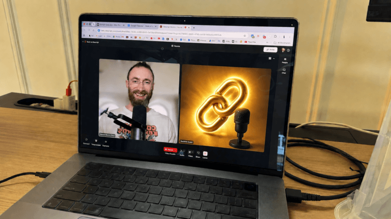 Edward Sturm recording a podcast with a glowing backlink guest illustration, demonstrating a niche podcast strategy for earning high-quality SEO backlinks.