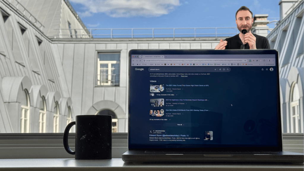 Laptop showing branded Google search results with podcast, video, and social appearances, demonstrating how public credibility can make new leads easier to convert.