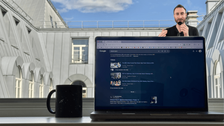 Laptop showing branded Google search results with podcast, video, and social appearances, demonstrating how public credibility can make new leads easier to convert.