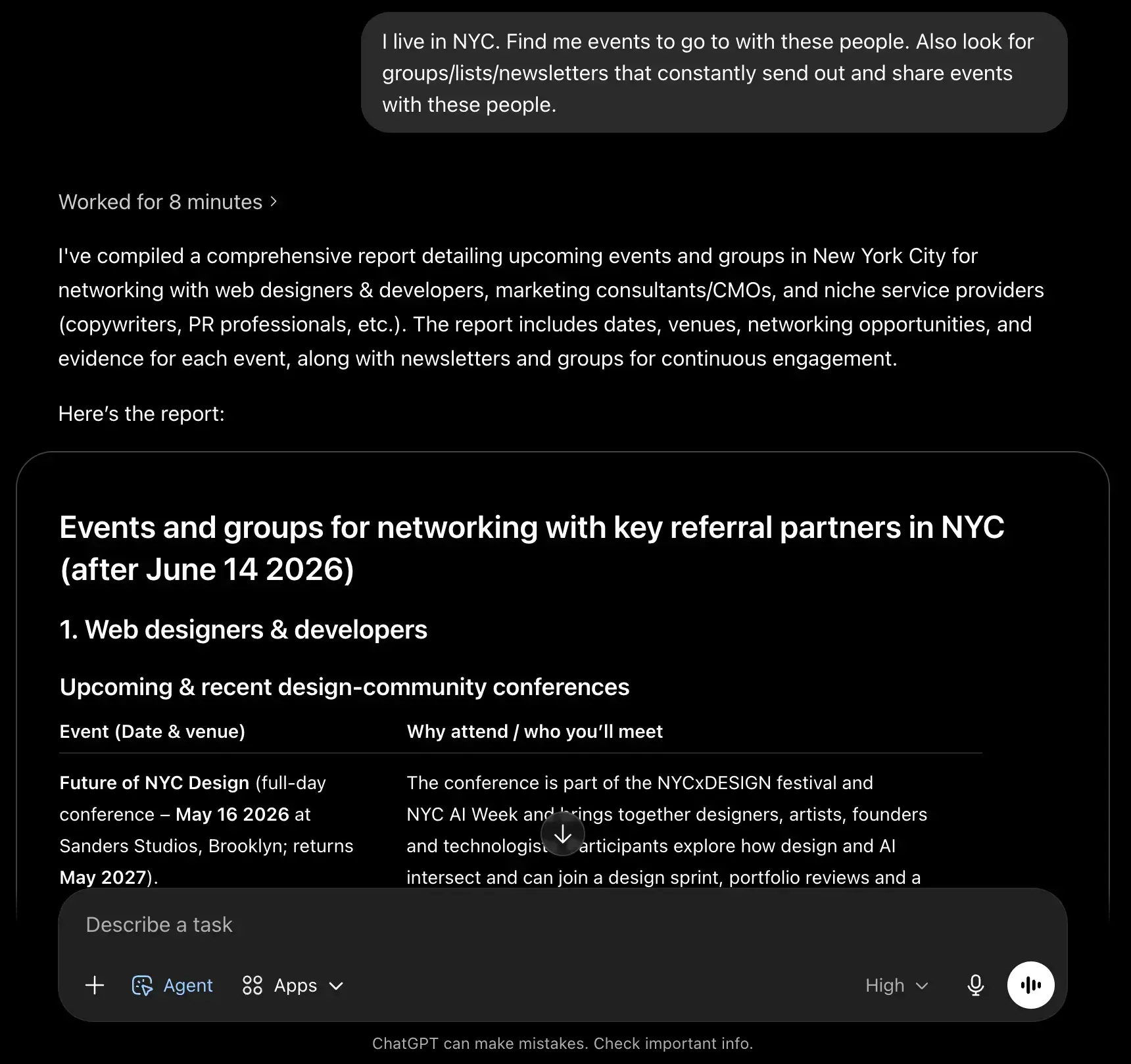 ChatGPT Agent Mode being used to find local events, groups, newsletters, and communities where someone starting out can meet potential referral partners.