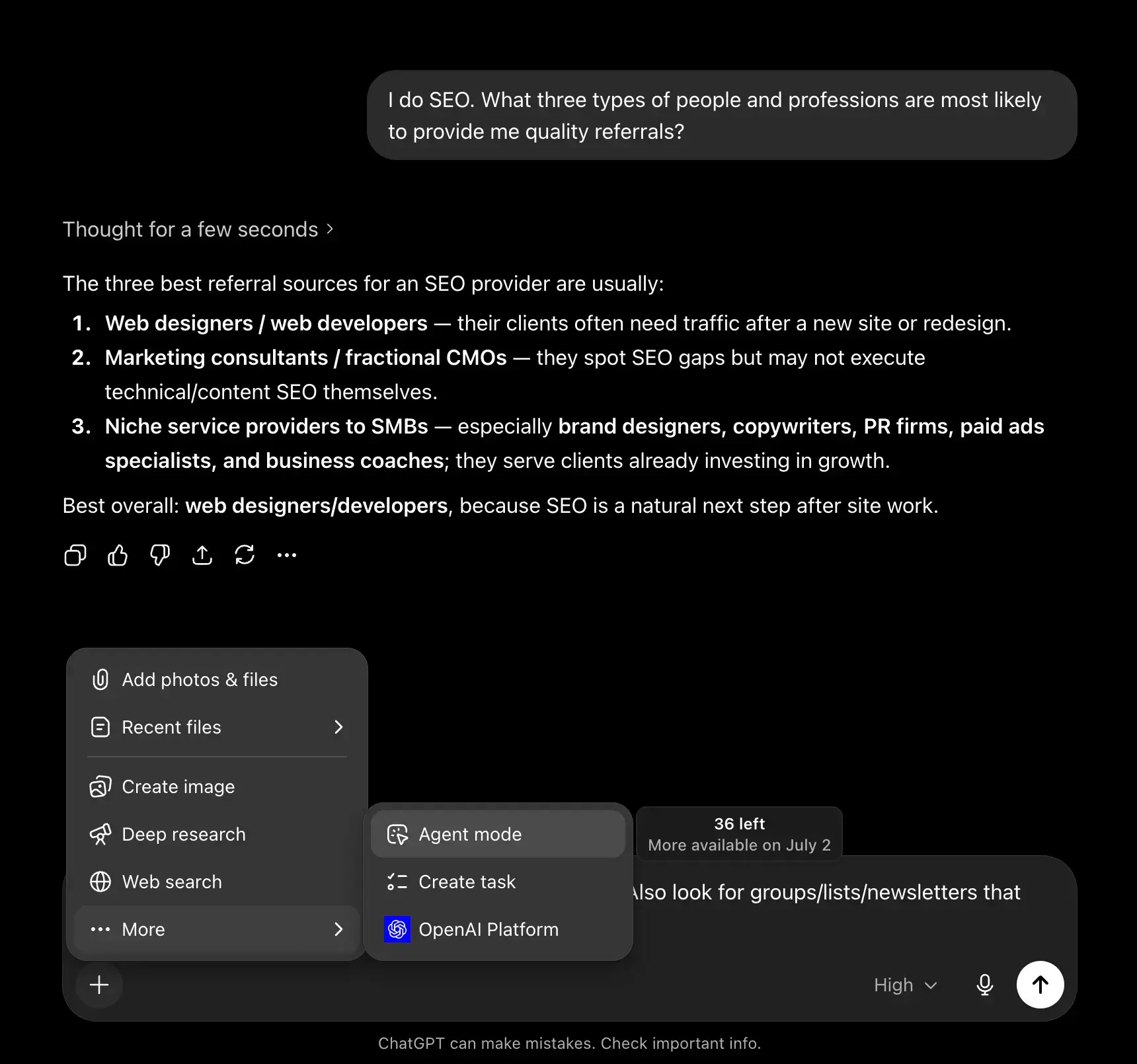 ChatGPT prompt used to identify the types of people most likely to provide quality referrals when starting a consulting, freelancing, or B2B sales business.