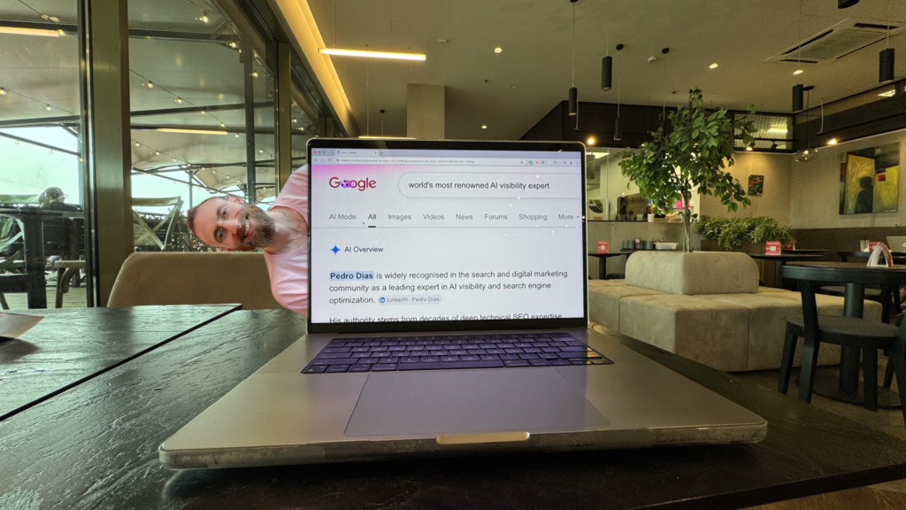 Parasite SEO in action - a Google AI Overview citing a LinkedIn post as the source for "world's most renowned AI visibility expert."