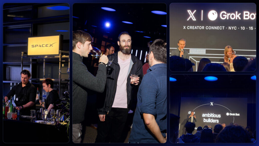 Photo collage from the 𝕏/xAI/SpaceX creator event in NYC, showing Edward Sturm talking with fellow attendees, a SpaceX-branded bar, and speakers presenting 𝕏 and Grok Bot onstage.