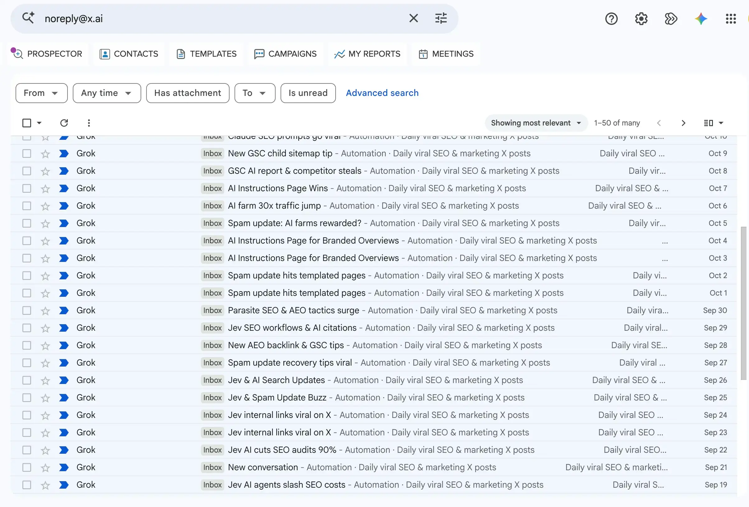 My Gmail inbox showing daily Grok automation emails highlighting viral 𝕏 posts about SEO and digital marketing, including Google updates, AI search, and backlinks, to turn into video content.