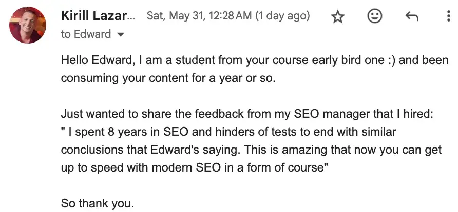A great review for Compact Keywords, my SEO course. Kirill Lazar said Compact Keywords teaches in 13 hours what it took his SEO manager to learn “in 8 years and hundreds of tests.”